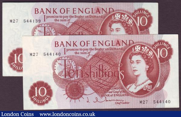 Ten shillings Hollom B296 issued 1963 (2) a consecutively numbered replacement pair, series M27 544139 & M27 544140, about UNC to UNC : English Banknotes : Auction 146 : Lot 211