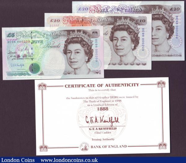 Bank of England limited edition Triplet Set C134, Kentfield £5, £10 and £20 with matching serial numbers BE98 000209, about UNC to UNC, notes are loose but come with certificate : English Banknotes : Auction 146 : Lot 256