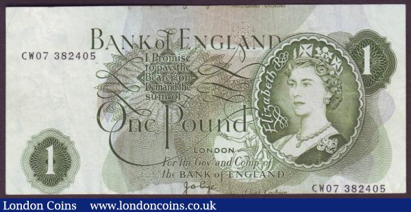 ERROR £1 Page B322 issued 1970 series CW07 382405, design shifted down on front showing extra script along top edge, pressed good Fine  : English Banknotes : Auction 146 : Lot 261
