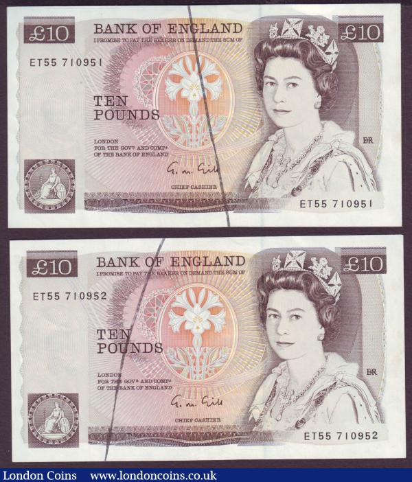 ERROR £10 Gill B354 (2) a consecutive numbered run, series ET55 710951 & ET55 710 952, both have misplaced diagonal security threads on the outside of the notes, about UNC and unusual : English Banknotes : Auction 146 : Lot 264