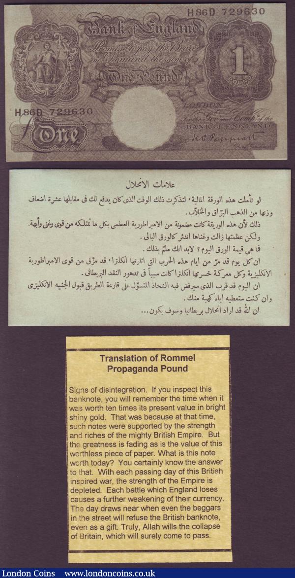 Propaganda airdrop note issued by Germany WW2 over North Africa, £1 Peppiatt series H86D 729630 on face, Arabic on reverse (comes with a translation), about UNC to UNC : English Banknotes : Auction 146 : Lot 270