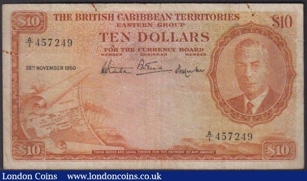 British Caribbean Territories $10 dated 28th November 1950, series A/1 457249, KGVI portrait at right, Pick4, rust marks & edge nicks, pressed Fine, scarce : World Banknotes : Auction 146 : Lot 333