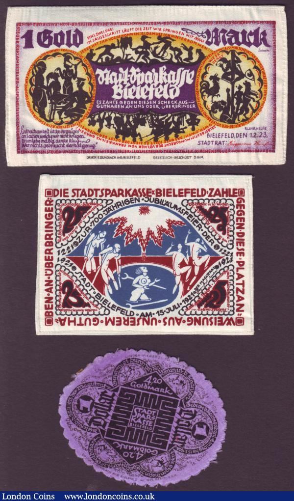 Germany Bielefeld local issues 1923 (3) silk notgeld 25 mark healing pool & 1 Goldmark both about UNC plus an oval shape felt 1 dollar or 4.20 Goldmark in purple, some mount marks to reverse EF+D440 : World Banknotes : Auction 146 : Lot 381