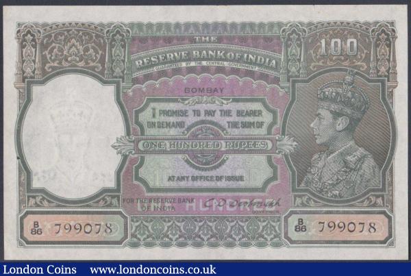 India 100 rupees KGVI issued 1943 series B/86 799078, BOMBAY branch, signed Deshmukh, watermark with facing portrait, Pick20c, EF and a very scarce variety : World Banknotes : Auction 146 : Lot 390