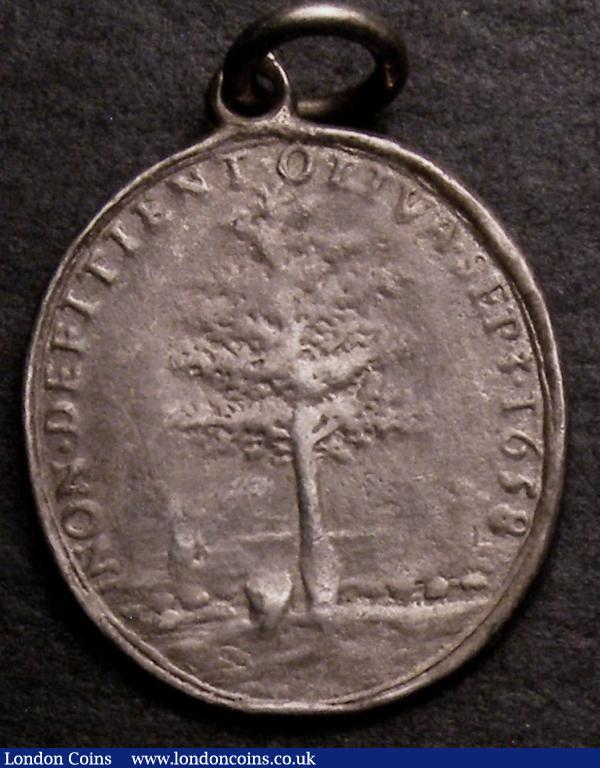 Death of Oliver Cromwell 1658 Eimer 202b a later cast copy weighing 2.85 grammes, Obverse draped bust left OLIVAR.D.G.R P ANG.SCO. HIB&PROTECTOR, Reverse a young olive tree beside a shepherd with flock, 21mm x 19mm oval, Good Fine/Fine with a suspension loop : Medals : Auction 146 : Lot 1845