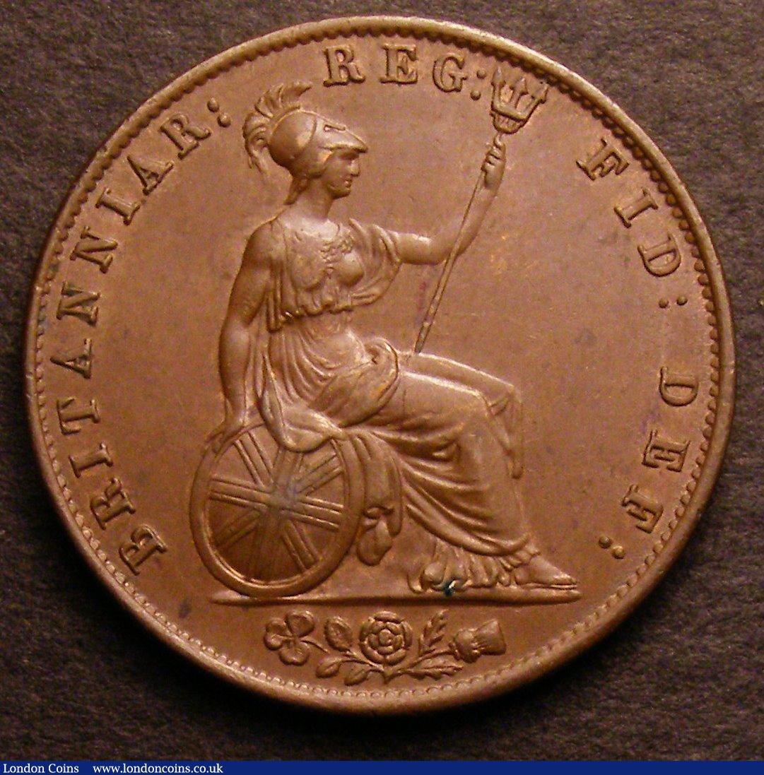 London Coins : A146 : Lot 2546 : Halfpenny 1844 as Peck 1528 with upper serifs to 44 GEF/EF with a dark tone spot in the obverse fiel...