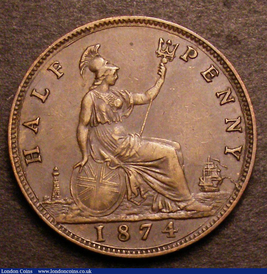 London Coins : A146 : Lot 2591 : Halfpenny 1874 Freeman 315 dies 9+I Good Fine, scarce, Ex-Croydon Coin Auction £42