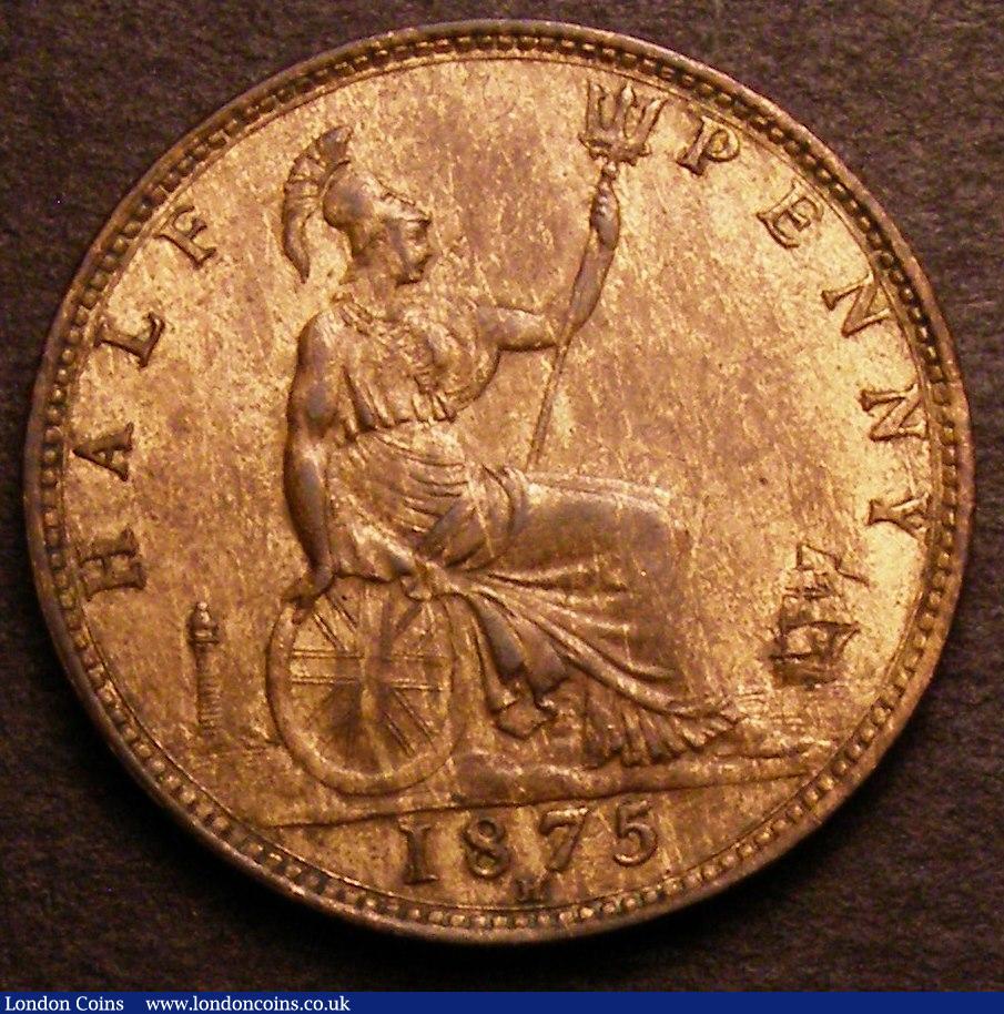 London Coins : A146 : Lot 2597 : Halfpenny 1875H Freeman 323 dies 13+K* A/UNC with pale lustre and a couple of small spots in the obv...
