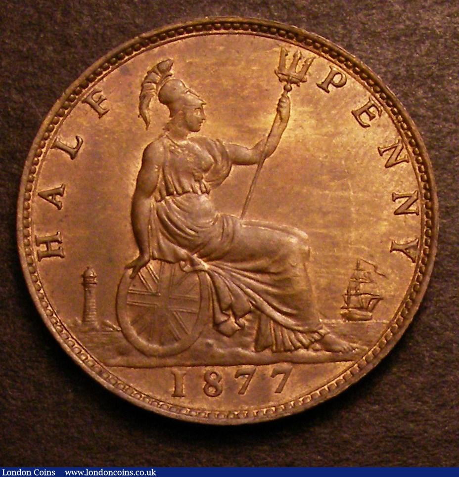 London Coins : A146 : Lot 2601 : Halfpenny 1877 Freeman 332 dies 14+J A/UNC and lustrous, with light cabinet friction, the obverse wi...