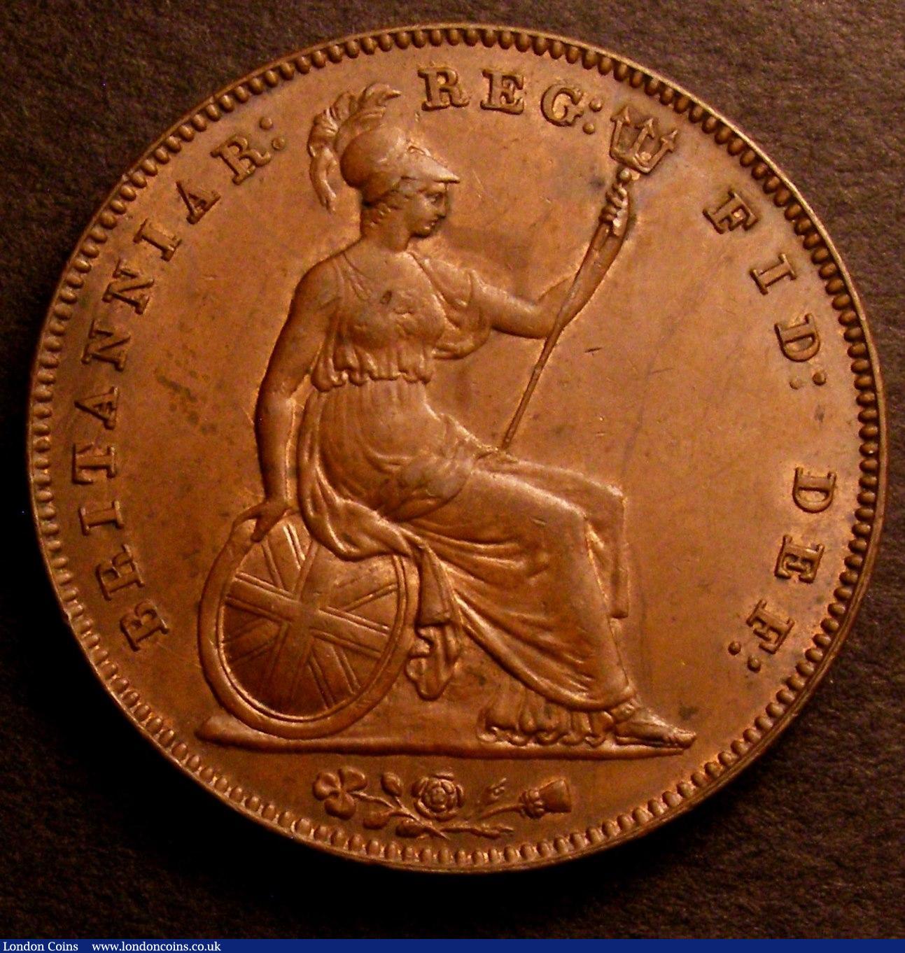 London Coins : A146 : Lot 2656 : Penny 1857 Plain Trident Peck 1514 GEF with traces of lustre the obverse with some spots, Ex-G.Monk ...