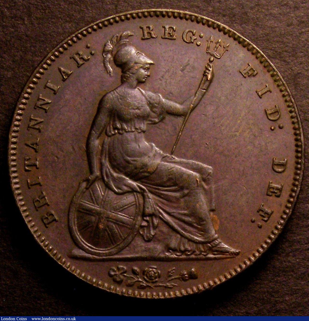 London Coins : A146 : Lot 2657 : Penny 1857 Plain Trident with small date, 7 has thinner upright and points directly to a rim tooth, ...