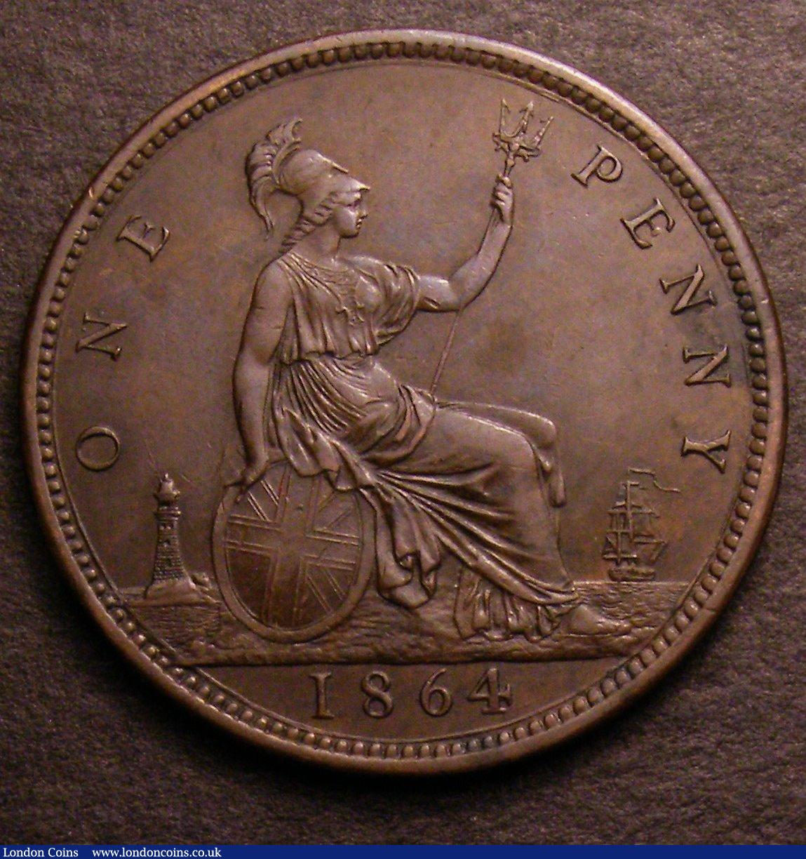 London Coins : A146 : Lot 2694 : Penny 1864 Crosslet 4 Freeman 48 dies 6+G NEF with some contact marks, purchased at Charing Cross Ma...
