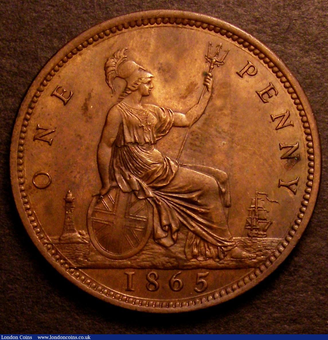 London Coins : A146 : Lot 2697 : Penny 1865 Freeman 50 dies 6+G EF toned with a few tone spots, Ex-Laurie Bamford £28.50