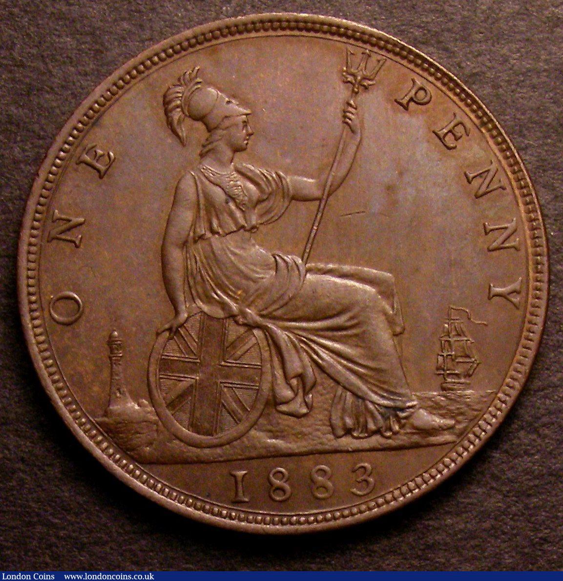 London Coins : A146 : Lot 2725 : Penny 1883 Freeman 116 dies 11+N AU/EF with traces of lustre, Ex-G.Monk £21