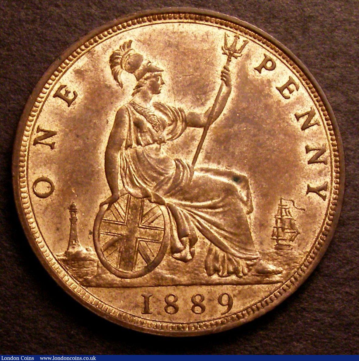 London Coins : A146 : Lot 2730 : Penny 1889 14 Leaves Freeman 128 dies 13+N UNC with around 30% lustre, Ex-D.Craddock £10.80