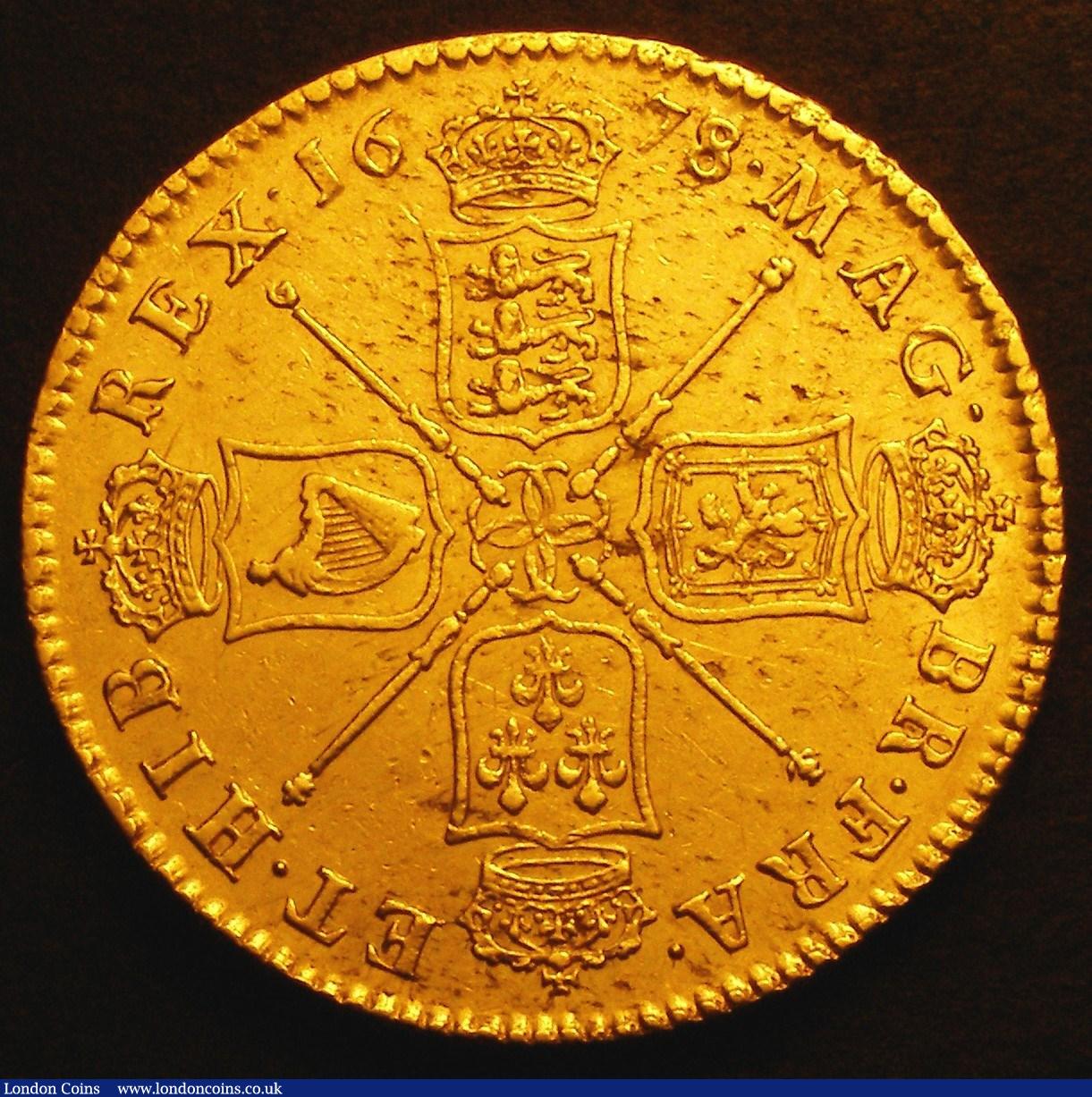London Coins : A146 : Lot 2912 : Five Guineas 1678 Second Bust  8 over 7 S.3331 GVF with some haymarks on either side