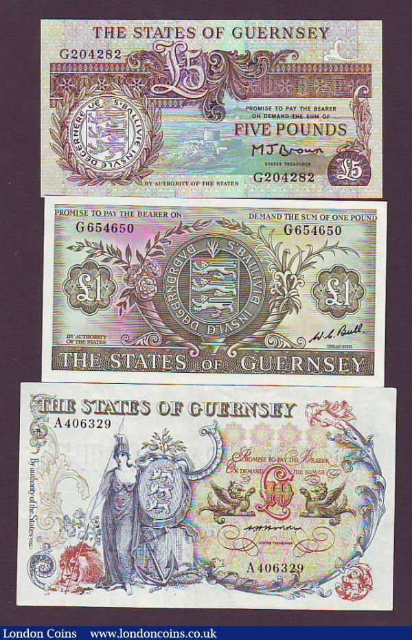 Guernsey (3) £10 issued 1975-80 series A406329, Britannia with shield centre left, Pick47, VF to GVF, £1 Bull Pick45c aUNC and £5 Brown Pick53a UNC : World Banknotes : Auction 147 : Lot 272
