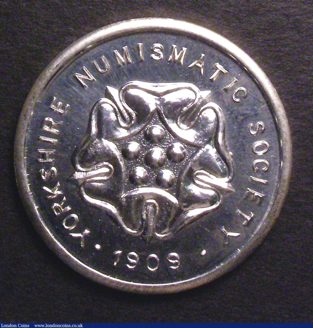 London Coins : A147 : Lot 1321 : Churchill Silver Medal 1909 Yorkshire Numismatic Society, Churchill almost full face, Reverse Rose, ...