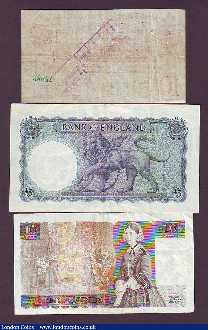 London Coins : A147 : Lot 14 : Ten shillings Bradbury T12.3 issued 1915 series B2/81 67482, inked bank stamps on reverse & mult...