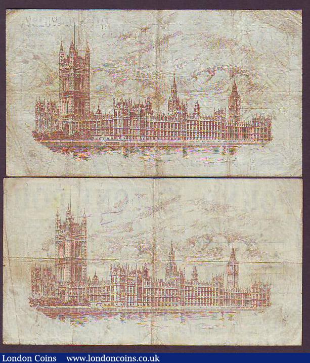 London Coins : A147 : Lot 15 : One pound Warren Fisher (2) T24 series U/34 and T31 series E1/11, ink marks and surface dirt, about ...