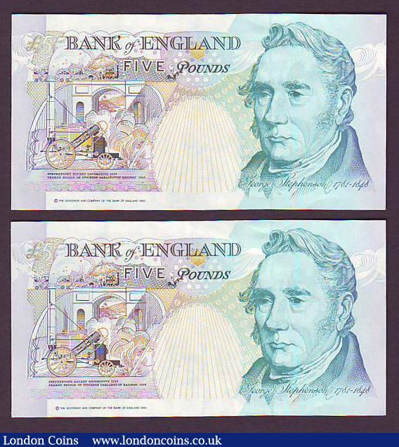 London Coins : A147 : Lot 155 : ERROR £5 Kentfield B362 (2) issued 1991 a consecutive pair series R45 568288 and R45 568289, t...