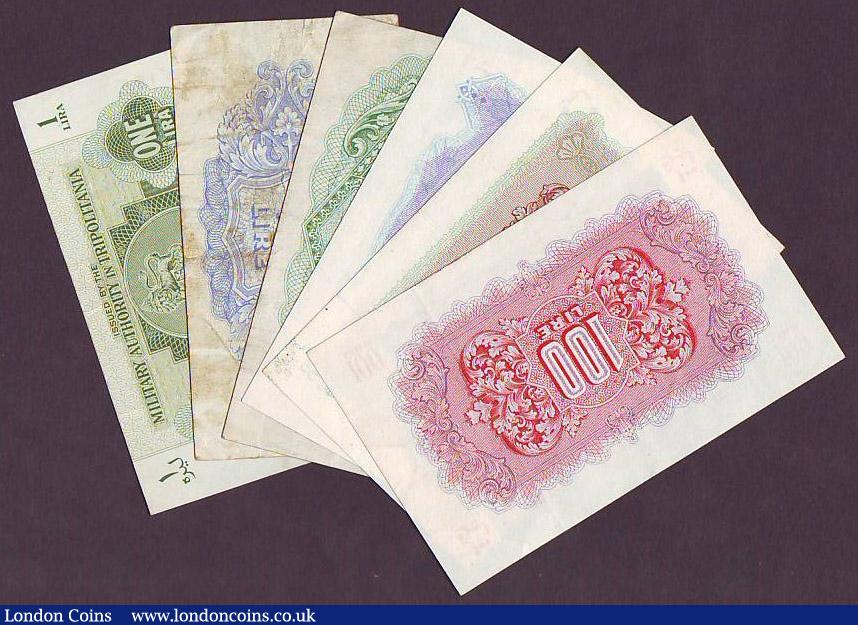 London Coins : A147 : Lot 159 : Tripolitania (6) issued 1943 for Allied Forces in North Africa, 1 lira PickM1a GVF, 2 lire PickM2a F...
