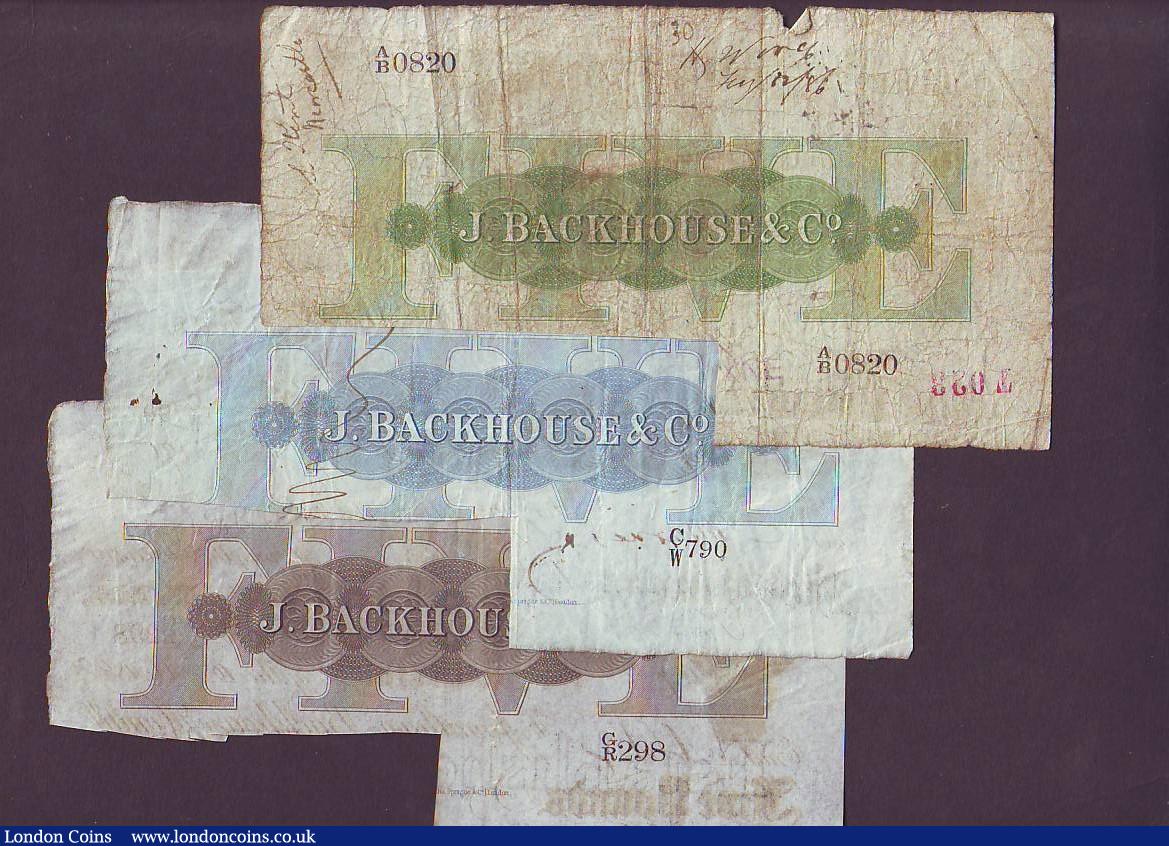 London Coins : A147 : Lot 175 :  Darlington Bank £5 1895 GVF, Durham Bank £5 1891 good Fine & Stockton on Tees Bank ...
