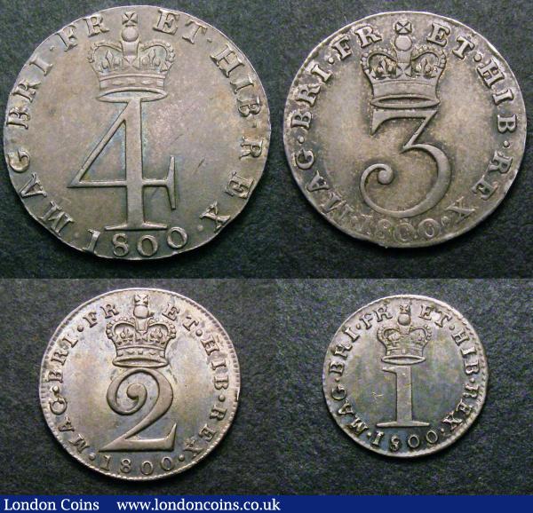 Maundy Set 1800 ESC 2421 Fourpence VF, Threepence NVF/GF, Twopence EF/NEF toned, Penny EF toned : English Coins : Auction 147 : Lot 2759