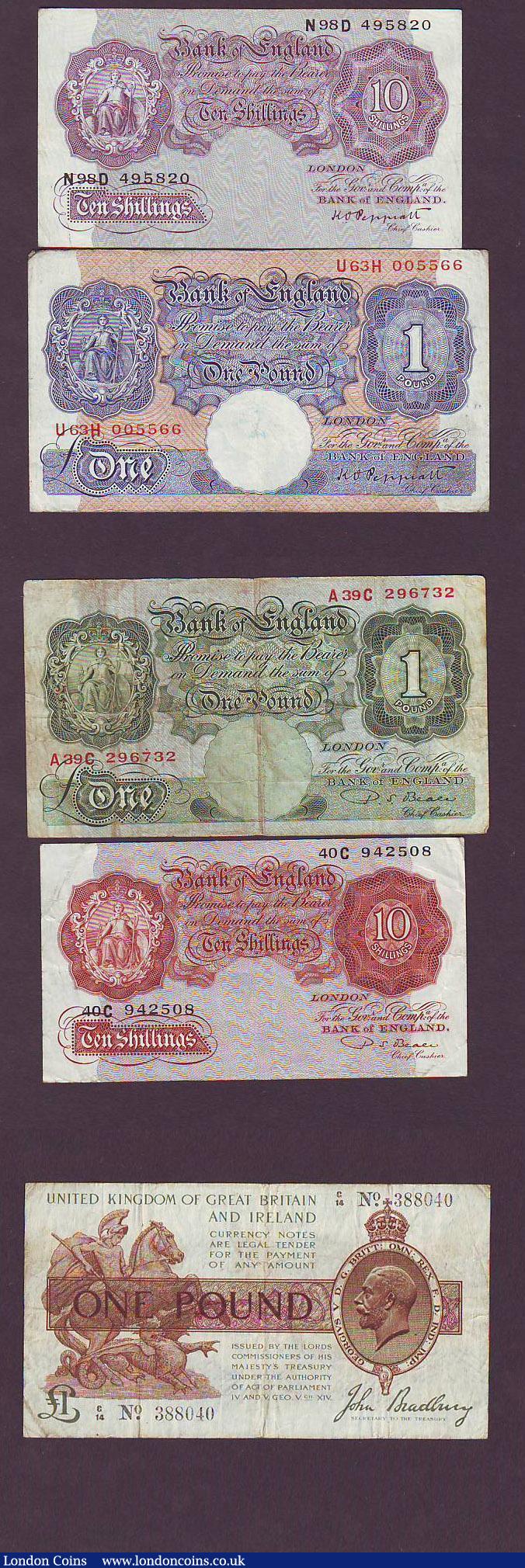 London Coins : A147 : Lot 30 : Bank of England in small folder (11) includes Beale white £5 dated 1950, Bradbury £1 Tre...
