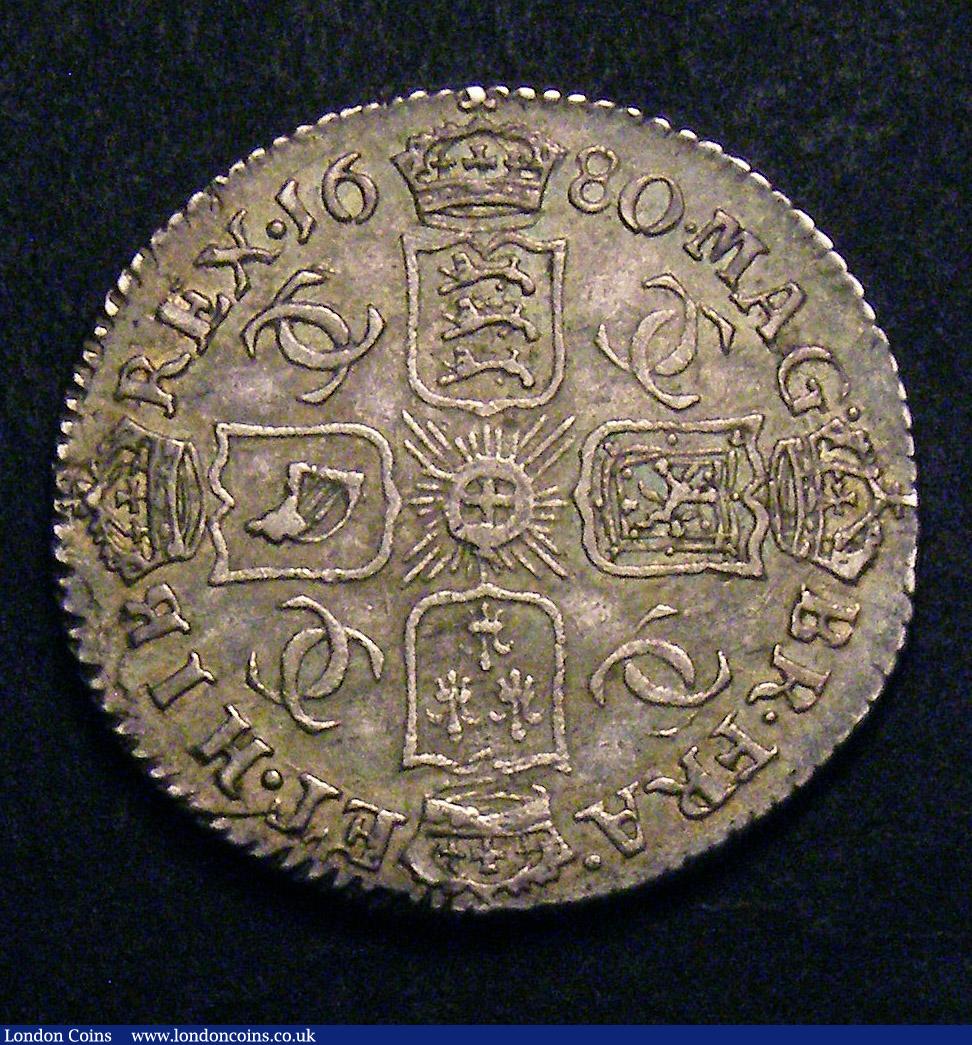 London Coins : A147 : Lot 3134 : Sixpence 1680 ESC 1519 About EF and attractively toned, Very Rare, rated R2 by ESC, only the second ...