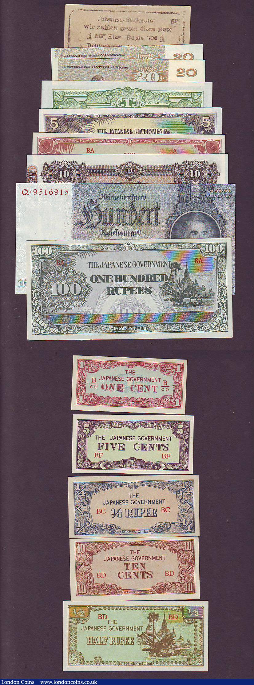 London Coins : A147 : Lot 451 : World (28) includes German East Africa 1 rupee 1917 Bush Note GEF, Uruguay 10 pesos 1883 Banco de Lo...