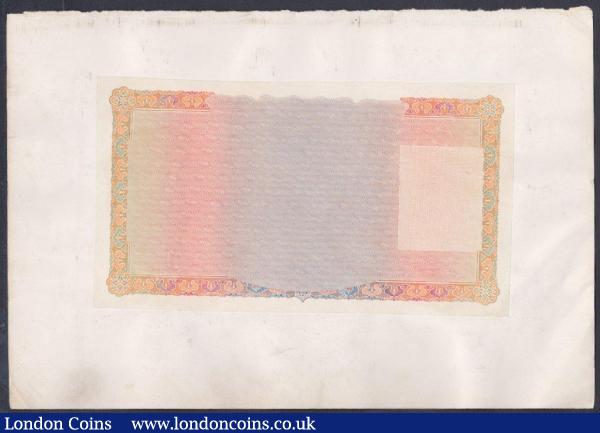 Bradbury Wilkinson reverse unfinished trial proof, circa 1907, rectangular orange & multicoloured design, both Country and Bank need verifying, stuck to thin paper from a book page. : World Banknotes : Auction 148 : Lot 167