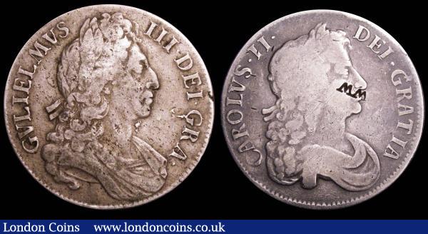 Crowns (2) 1676 VICESIMO OCTAVO ESC 51 VG with WW stamped on the obverse, 1696 OCTAVO ESC 89 VG or better : English Coins : Auction 148 : Lot 1784
