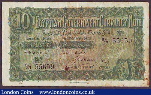 Egypt 10 Piastres issued 27th May 1917 series B/71 55659, Pick160b, rust marks, pressed VF or better : World Banknotes : Auction 148 : Lot 223