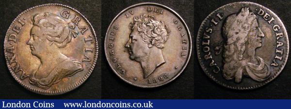 Shillings (3) 1663 First Bust Variety ESC 1025 VG toned, 1708 Third Bust, Plain in angles ESC 1147 Fine, toned, 1826 ESC 1257 VF toned with a small rim nick : English Coins : Auction 148 : Lot 2354