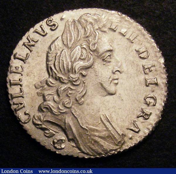 Sixpence 1697C First Bust, Later Harp, large Crowns ESC 1556 UNC and lustrous, Rare : English Coins : Auction 148 : Lot 2364