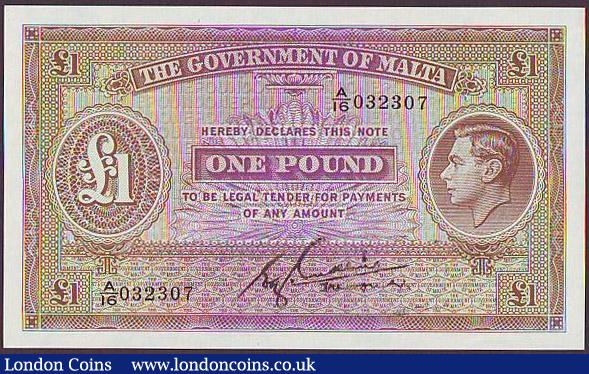 Malta Government £1 issued 1940, KGVI portrait at right & uniface, last series for signature type A/16 032307, Pick20b, UNC : World Banknotes : Auction 148 : Lot 288
