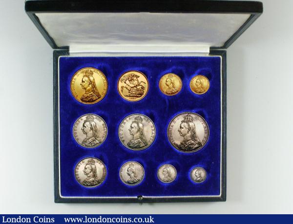 1887 Golden Jubilee Currency Set Victoria 11 Coins Gold Five Pounds to Threepence EF-UNC, the Five Pounds with some rim nicks, contained in a black box with 1887 in gold lettering on the lid, the box in very good condition : English Cased : Auction 148 : Lot 374
