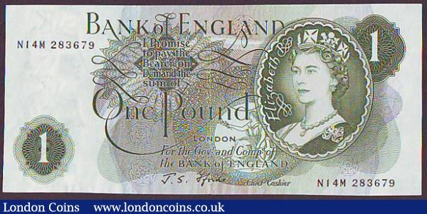 One pound Fforde B308 issued 1967, "G" reverse and a replacement, last number for this prefix, N14M 283679, pressed EF : English Banknotes : Auction 148 : Lot 67