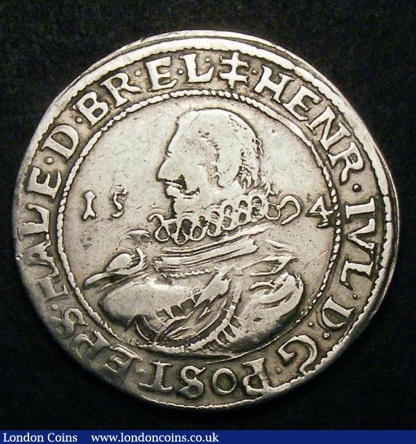 German States - Brunswick-Wolfenbuttel Quarter Thaler 1594 (hh) MB#262 (1/4 Spectacles-Thaler) Obverse bust left, reverse 6-fold arms in central shield, 3 helmets above About Fine, Very Rare with Krause listing at $1500 Fine : World Coins : Auction 148 : Lot 707