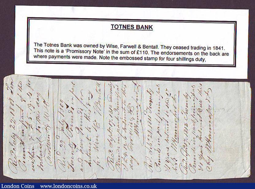 London Coins : A148 : Lot 105 : Totnes promissory note date 1807 to pay Bankers Wise, Farwell & Bentall the sum of £110, g...