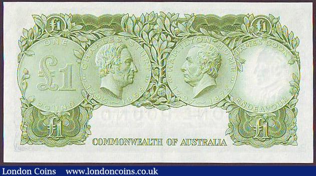 London Coins : A148 : Lot 127 : Australia Commonwealth Bank £1 issued 1953-60, QE2 portrait at right, series HE/16 095705, Pic...