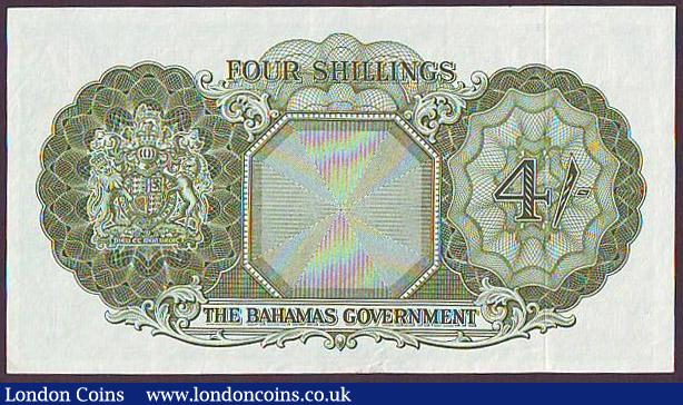 London Coins : A148 : Lot 129 : Bahamas 4 shillings issued 1953, QE2 portrait at right, series A/6 344269, Pick13d, lightly pressed,...