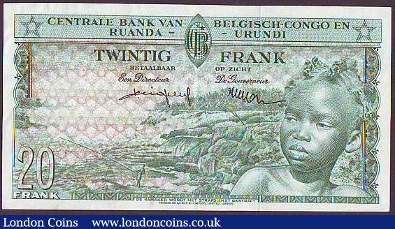 London Coins : A148 : Lot 130 : Belgian Congo 20 francs dated 01.06.59 series AP232211, Congo Belge et du Ruanda-Urundi in title, Pi...