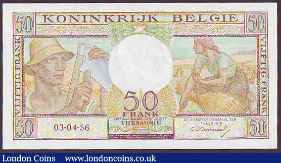 London Coins : A148 : Lot 132 : Belgium 50 francs dated 03-04-56 series F08 801733, Pick133b, UNC