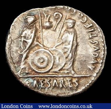Denarius Ar. Augustus. C, 2 BC-4 AD.  Lugdunum. Obv; CAESAR AVGVSTVS – DIVI F PATER PATRIAE Laureate head r. Rev; AVGVSTI F COS DESIG PRINC IVVENT Caius and Lucius standing facing, each togate and resting hand on shield; behind each shield, a spear. Above on l., simpulum r. and on r., lituus l. In exergue, CL·CAESARES.  RIC 207. Toned.  3.83g.  VF : Ancient Coins : Auction 148 : Lot 1399
