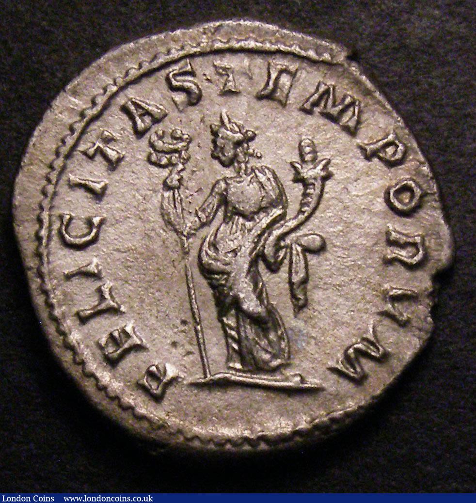 London Coins : A148 : Lot 1445 : Ar Denarius Macrinus, Rome 217, rev Felicitas holding caduceus and cornucopiae (RCV 7332) GVF, obver...