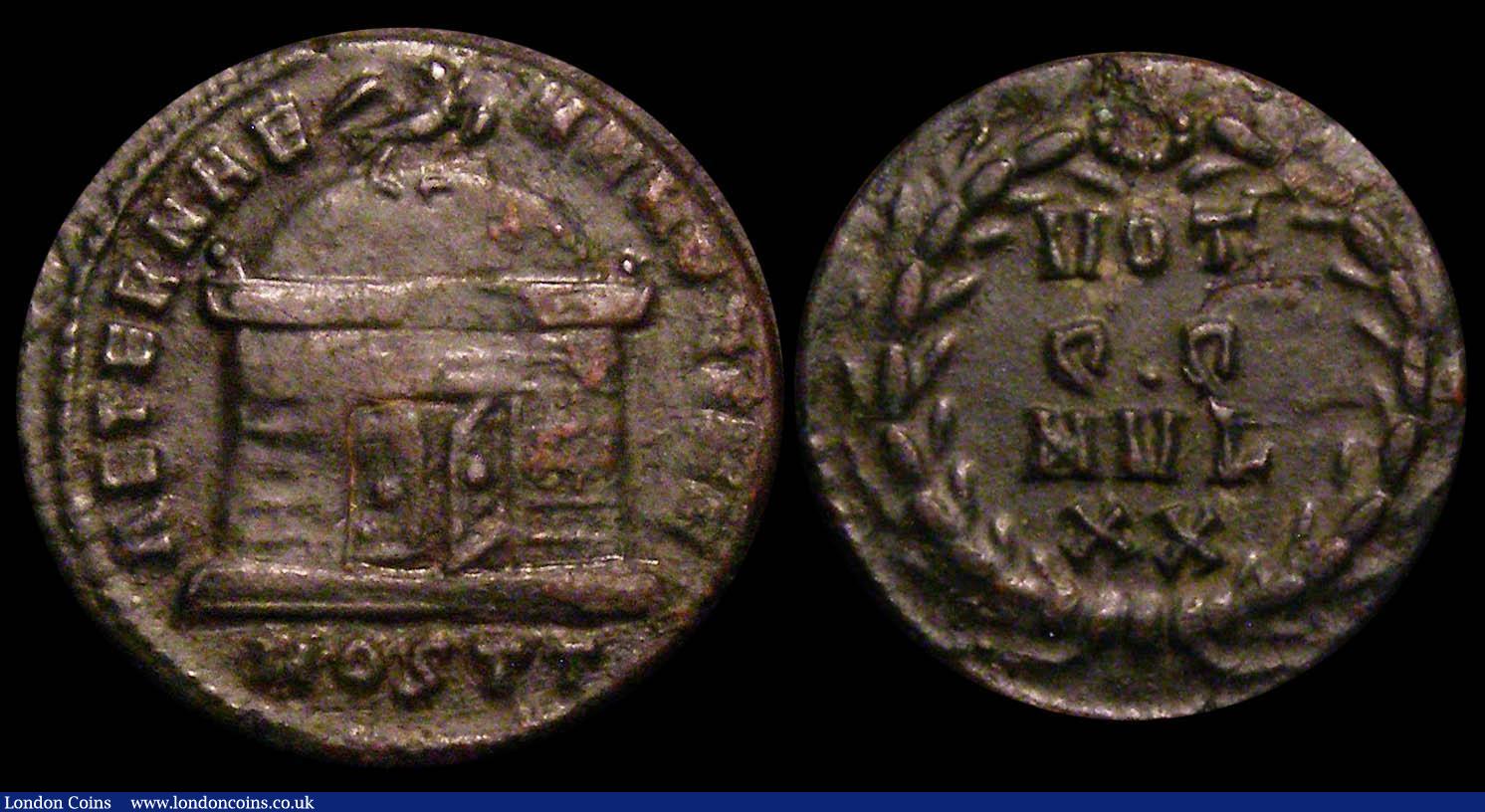 London Coins : A148 : Lot 1475 : Bil.Third Follis Maxentius, Rome 310, rev. VOT/QQ/MVL/XX in wreath (RCV 15042) GVF, scarce: Bil. Hal...