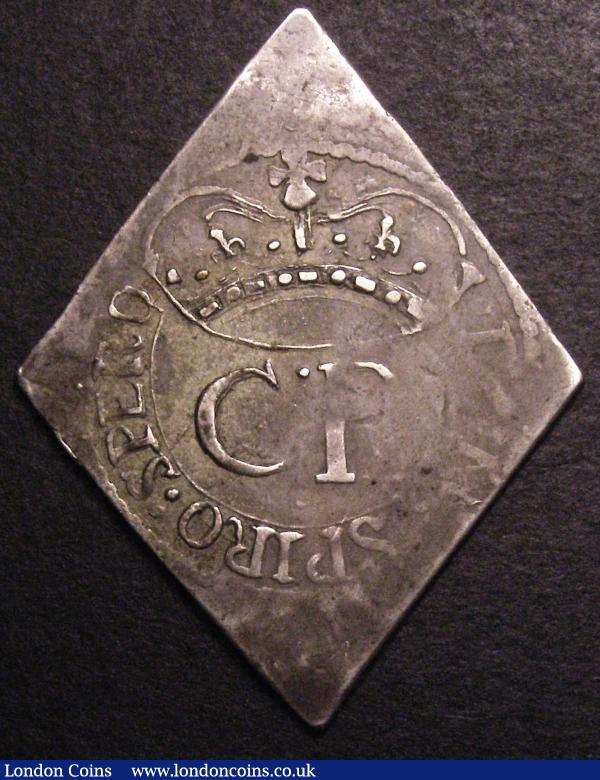 Shilling Charles I 1648 Pontefract besieged, lozenge-shaped with XII to right of castle, dividing PC S.3149 VF, comes with collectors ticket stating 'weak in parts with some original gilding' : Hammered Coins : Auction 148 : Lot 1574
