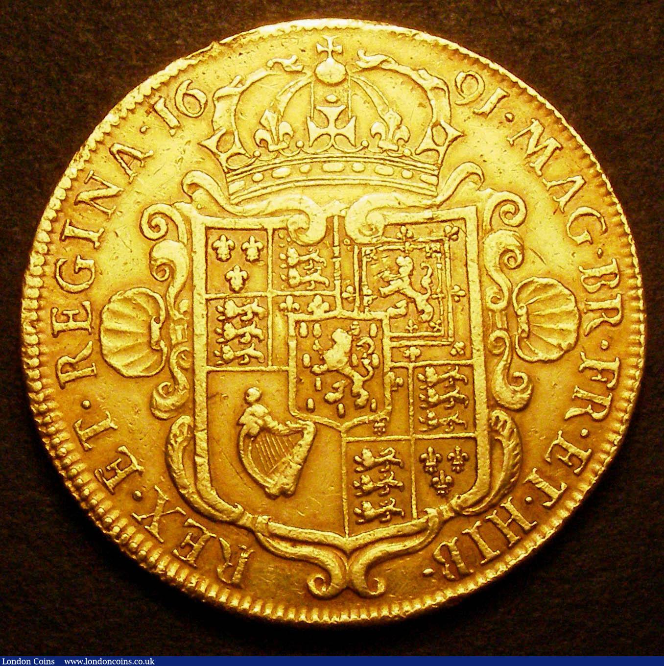 London Coins : A148 : Lot 1826 : Five Guineas 1691 Elephant and Castle S.3423 a solid VF